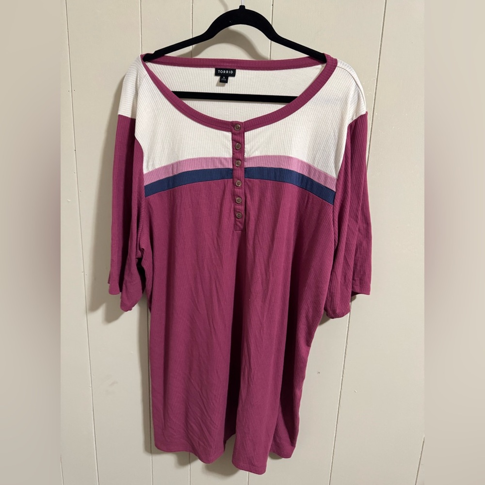 Torrid Women's Pink and White Stripe ribbed Retro Button Elbow Shirt 5 5x